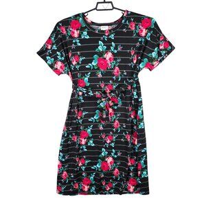 Womens LuLaRoe Black Red Green Floral Striped Dress Short Sleeve Belted Size 2XL
